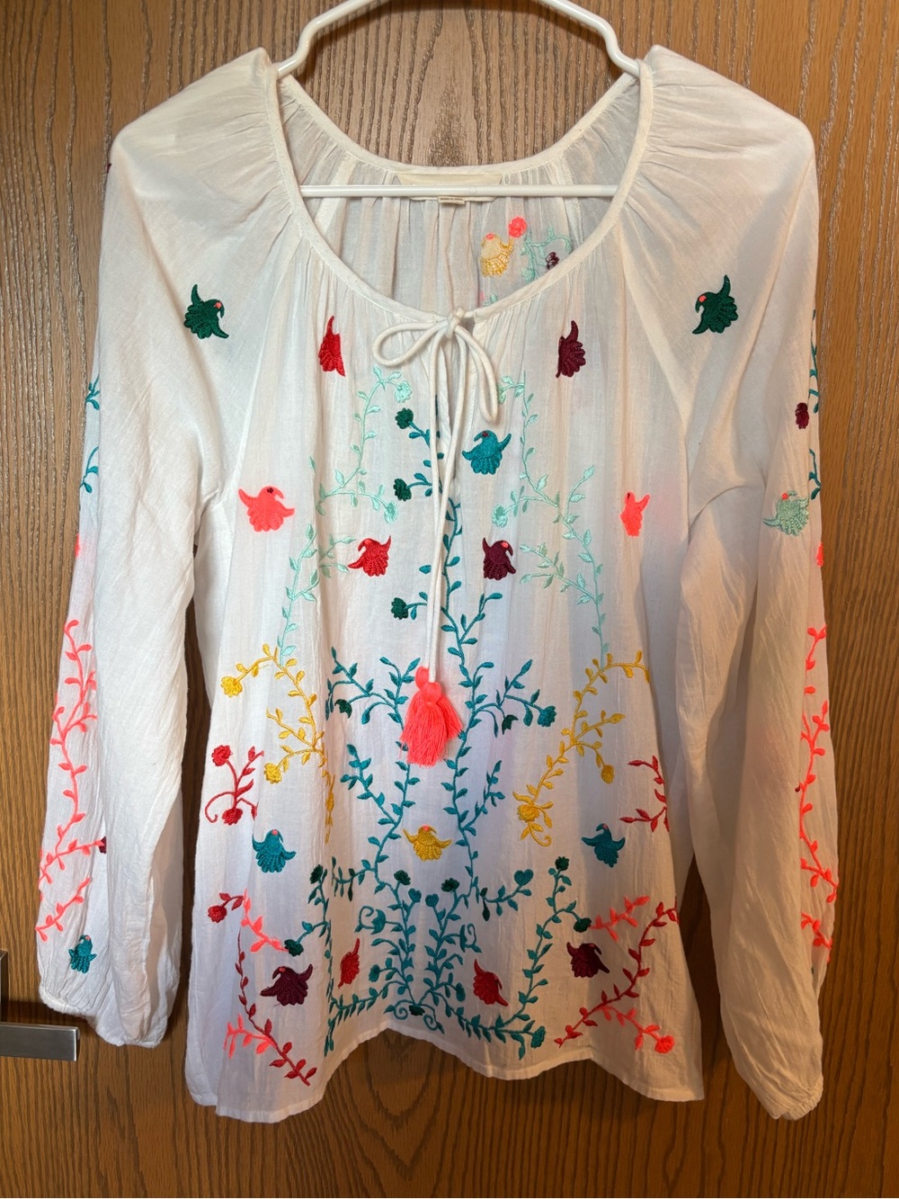 lovestitch White Embroidered Peasant Top with Bright Multicolor Floral Stitching